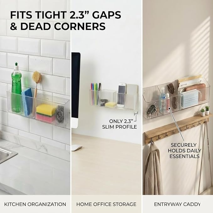 2-Pack Slim Wall Mounted Bathroom Organizer, 2.3" Deep Narrow Mirror Side Vanity Storage Adhesive Shelf, Clear Ribbed Floating Caddy for Toothbrush & Small Items, No-Drill