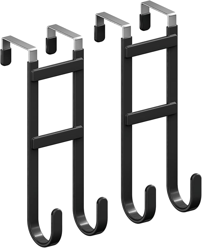 Heavy Duty Door Hooks for Hanging Clothes & Towels, 2 Pack Dual Over Door Hanger with Anti-Scratch Rubber, Rustproof Metal Back of Door Rack, Fits Interior Doors Up to 1 3/8"