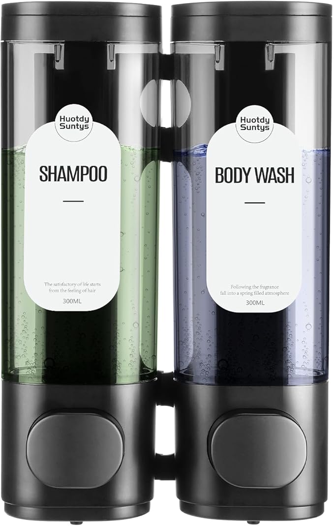 2-Chamber Shampoo and Conditioner Dispenser Shower Soap Dispenser 2 Chamber No Drill,Shower Soap Dispenser Wall Mounted, HUOTDY SUNTYS Body Wash Dispenser Set for Bathroom Toilet Hotel Kitchen (BLACK)