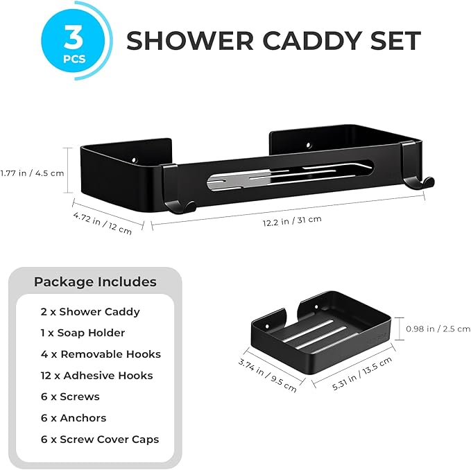 Shower Caddy Adhesive, 3 Pack Rustproof 304 Stainless Steel Bath Organizers, No-Drill Shower Shelves Soap Holder for Bathroom Storage, Black