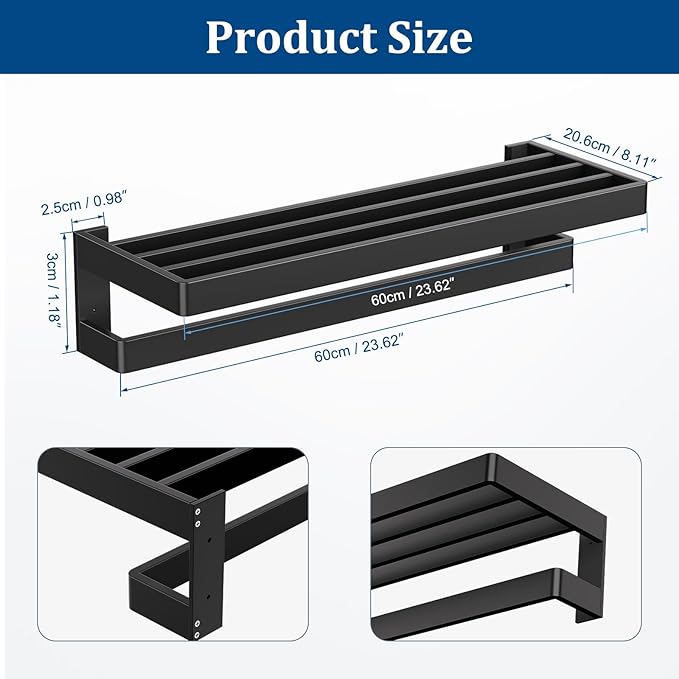 Matte Black Towel Rack 23.6-inch Towel Bar Double Towel Holder Stainless Steel Bathroom Hardware Accessories Set