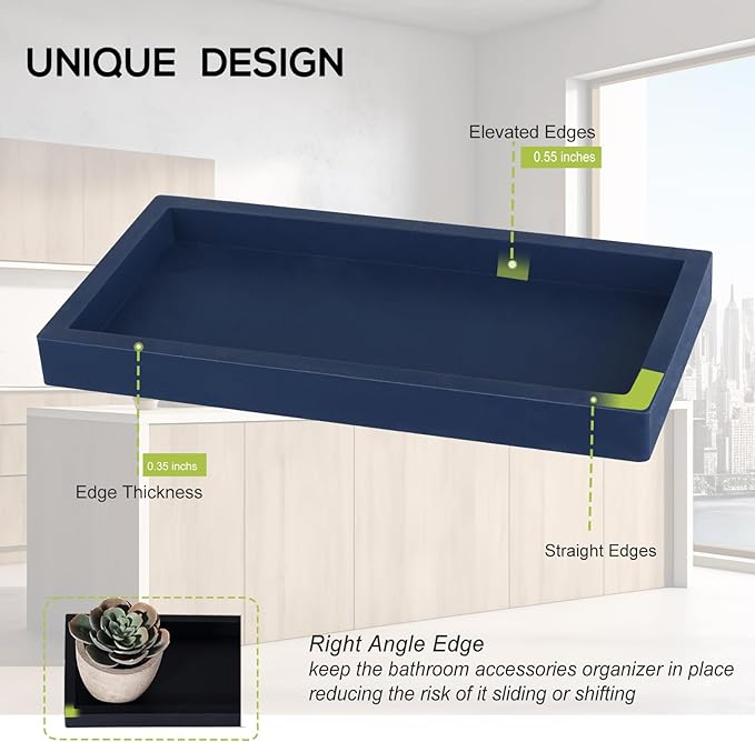 Bathroom Tray, Small Vanity Tray Silicone Soap Dish Sponge Holder Kitchen Sink Organizer Bathroom Accessories for Countertop, Toilet, Shower, Large, Dark Blue