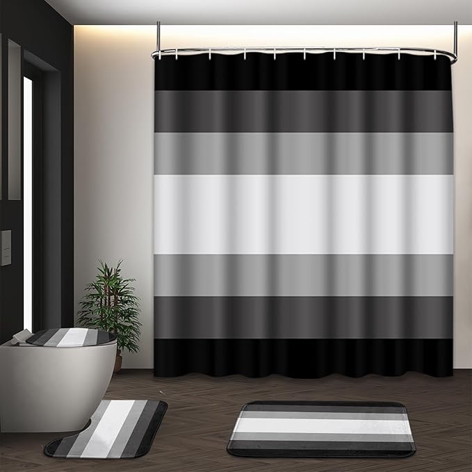 Black Grey Shower Curtain Set with Toilet Lid Cover and Non-Slip Rugs for Bathroom, Modern Striped Lines Gray Ombre 4 Pcs Shower Curtain, Simple Abstract Bathroom Set with 12 Hooks