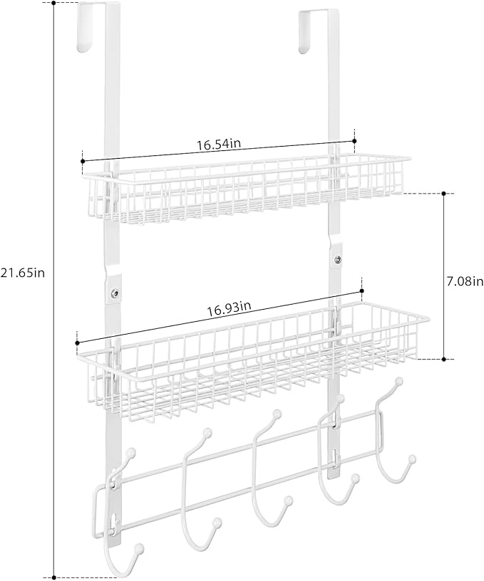 Over The Door Hanger Organizer with 2 Mesh Baskets & 5 Towel Hooks, Detachable Behind The Door Storage Towel Rack for Coats, Hats, Handbags, Easy Install Metal Hanging Hook Coat Rack Shelf, White