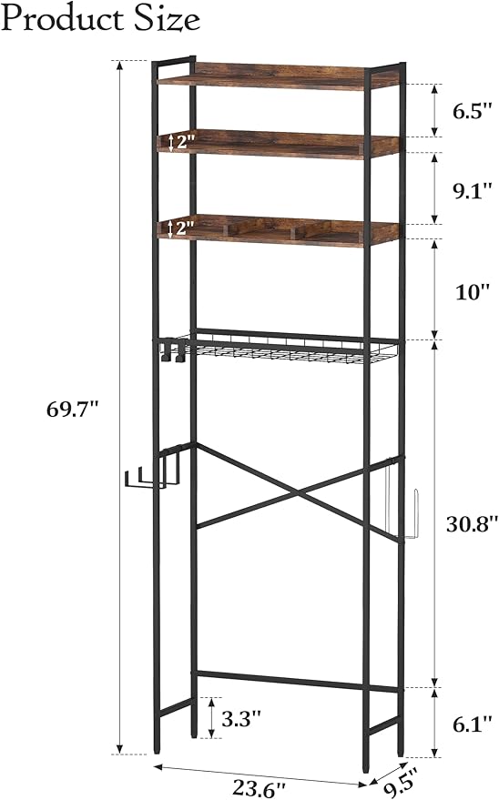 Quikraen 4 Tier Over The Toilet Storage Shelf with 3 Adjustable Shelves, Space Saver Bathroom Organizer with 4 Hooks, Freestanding Above Toilet Rack for Restroom Laundry (Brown)