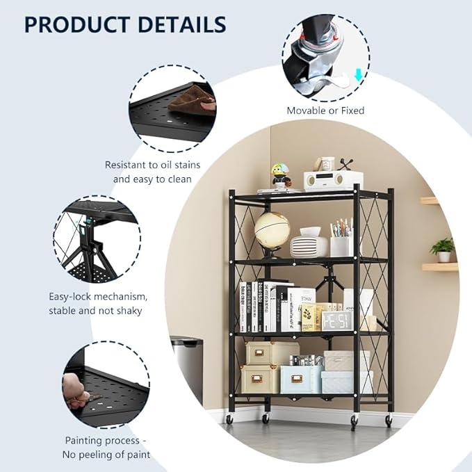 4 Tier Foldable Storage Shelves with Locking Wheels, Assembled Rolling Shelving for Kitchen, Pantry, Closet & Laundry Room, Space-Saving Organizer, 28.5" L x 14.2" W x 46.1" H