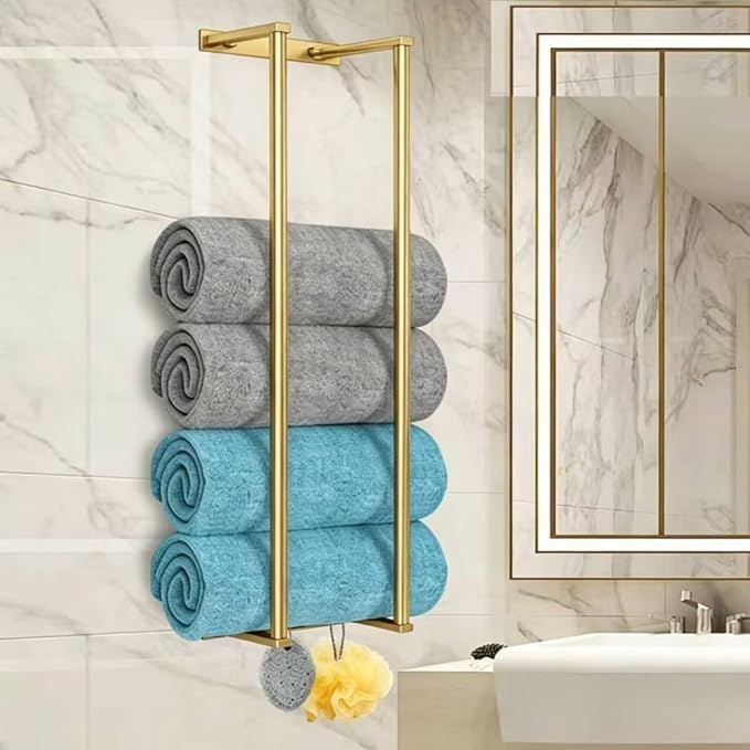 Bathroom Towel Rack for Rolled Towels, Wall Mounted Towel Storage Rack for Bathroom Organization, Stainless Steel Towel Storage Holder Can Holds Up to 6 Large Bath Towels (Gold)