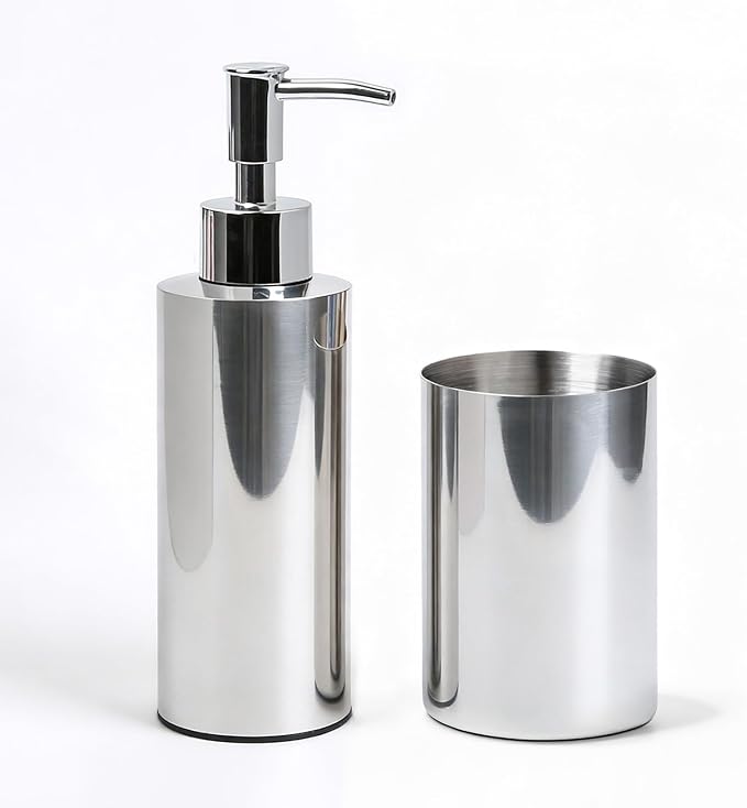 Stainless Steel Round 2PCS Bathroom Set, Soap Dispenser & Toothbrush Holder Set, Suitable for Kitchen and Bathroom Hand Washing Liquid Bath Gel Shampoo, （7.5OZ/220ML）