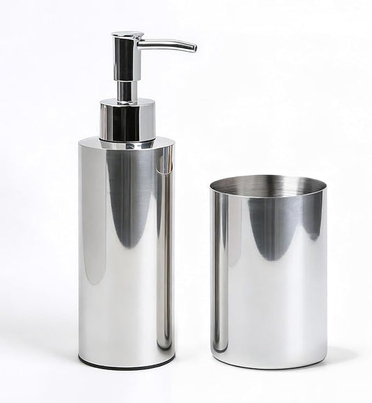 Stainless Steel Round 2PCS Bathroom Set, Soap Dispenser & Toothbrush Holder Set, Suitable for Kitchen and Bathroom Hand Washing Liquid Bath Gel Shampoo, （7.5OZ/220ML）