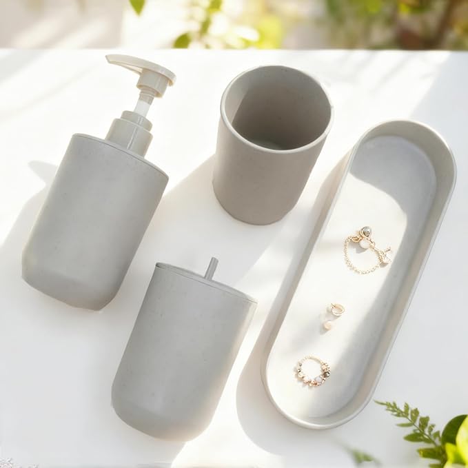 4-Piece Light Gray Bathroom Organizer Set, Plastic Countertop Storage with Lotion Soap Dispenser, Tumbler, Cotton Swab Cup & Vanity Tray – Clean Bathroom Decor for Modern Spaces