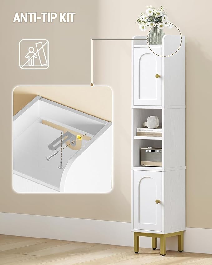 Hzuaneri Slim Bathroom Storage Cabinet, Narrow Bathroom Organizers and Storage with 4 Adjustable Feet, Laundry Room Organization for Small Space, Kitchen, Living Room, 2 Doors White BC22413G
