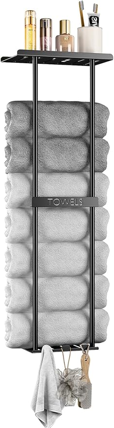 2-Tier Wall-Mounted Towel Rack with Hooks & Shelf, Black Metal Towel Holder for Small Bathrooms (Beige)