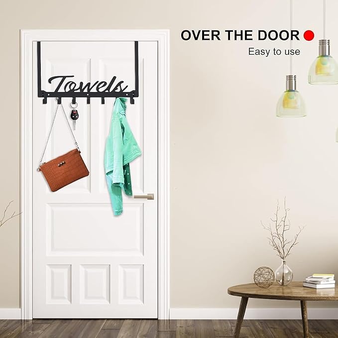 Azmoncy Over The Door Hooks - Heavy Duty Towel Rack with 6 Hooks for Bedroom, Bathroom, Kitchen - Holds Towels, Bags, Coats, Hats - Black