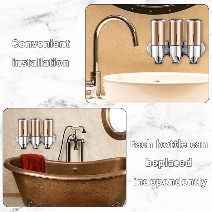 3 in 1 Wall Mounted Bathroom Shower Pump Dispenser and Organizer-Holds Shampoo, Soap, Conditioner, Shower Gel, for Bathroom Kitchen Hotel (Gold 3 Chamber)