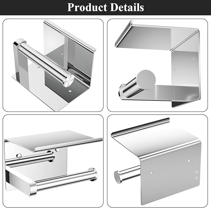Tindbea Toilet Paper Holder with Phone Shelf + Towel Robe Hooks, Adhesive or Screw Wall Mounted Toilet Paper Roll Storage, Stainless Steel Bathroom Tissue Roll Holder (Polished Chrome)