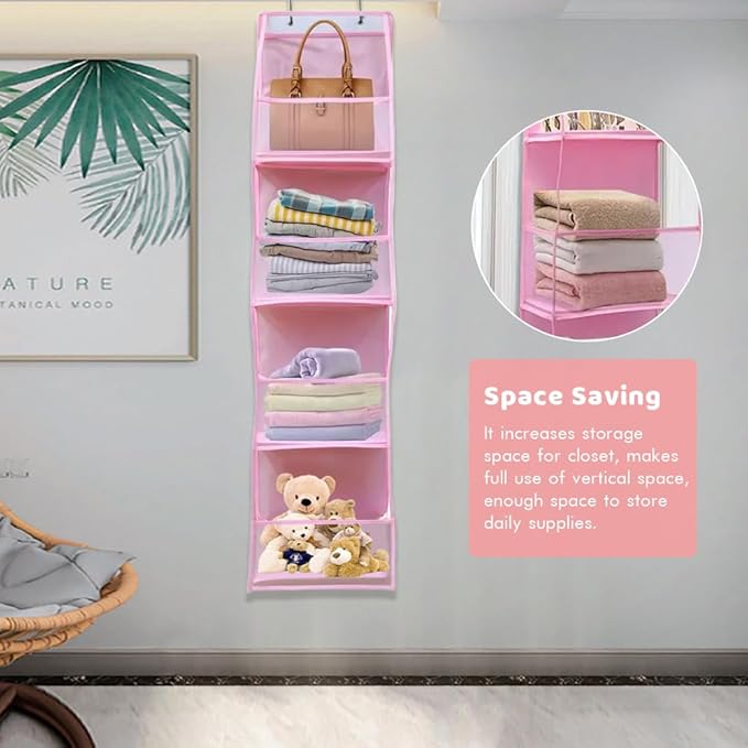 Hanging Closet Organizer, 4 Shelf Over The Door Organizer with 2 Hooks, Space Saving Behind The Door Storage Shelves for Pantry, Bathroom, Bedroom, Nursery(Color:Pink)