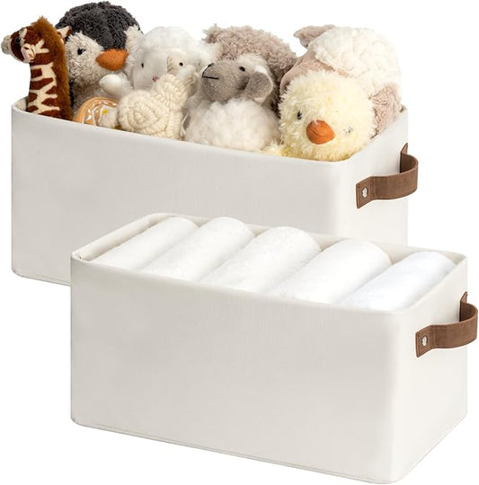 StorageWorks Narrow Storage Bins, Small Basket for Closet and Shelves, Rectangular Fabric Organizer with Handles, Toilet Paper Storage, Beige, 2-Pack