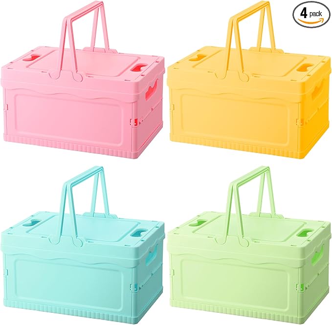 4 Pcs Pastel Plastic Storage Bin with Lid and Handle Cute Collapsible Storage Crates Foldable Plastic Basket Stackable Bins for Home Kitchen Office Bathroom Picnic (Pink,Green,Blue,Yellow)