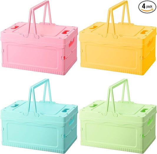 4 Pcs Pastel Plastic Storage Bin with Lid and Handle Cute Collapsible Storage Crates Foldable Plastic Basket Stackable Bins for Home Kitchen Office Bathroom Picnic (Pink,Green,Blue,Yellow)