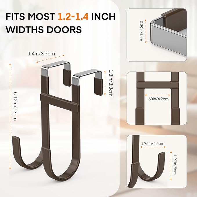 FYY Over The Door Hooks - 4 Pack Heavy Duty Double-Hanger Organizer for Bathroom Bedroom Dorm, Hanging Clothes Towels Hats Bags Ironing Board Wreath Robe - Fits Interior Doors Up to 1 3/8" Brown