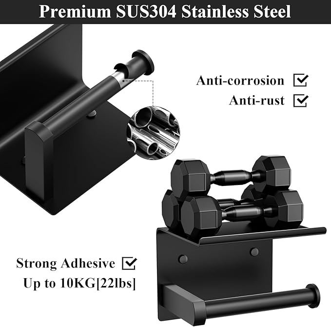 Tindbea Toilet Paper Holder Wall Mount + Towel Robe Hooks, Adhesive or Screw Wall Mounted Toilet Paper Roll Holder with Shelf, Stainless Steel Bathroom Organizers and Storage Kit (Matte Black)