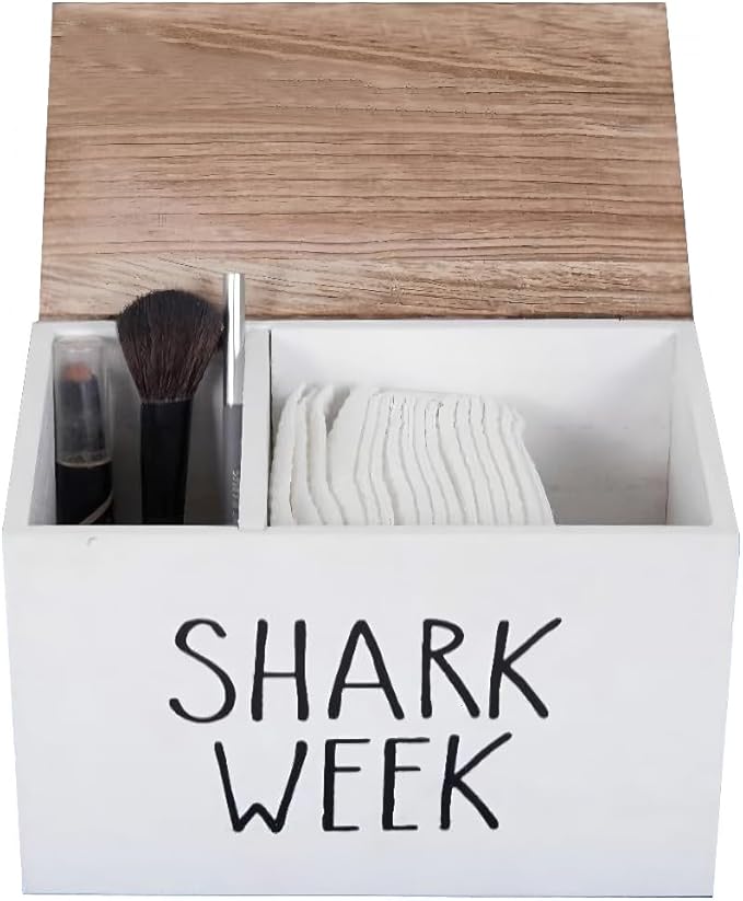 Sanitary Napkin Storage Container, 2 Compartments Pad and Tampon Organizer, Wooden Menstrual Care Storage Box, 7.9x5.1x5.1inches White