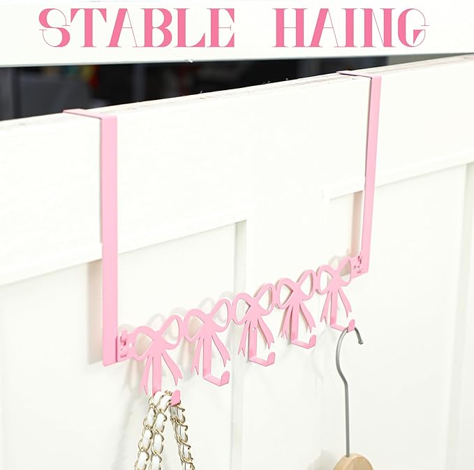 AceOrbit Pink Bow Over The Door Hooks Hanger Wall Mount Towel Hanger Door Holder Organizer 5 Hooks Kawaii Farmhouse Rustic Coquettish Style Decor for Bedroom Bathroom Towel Hat Clothes