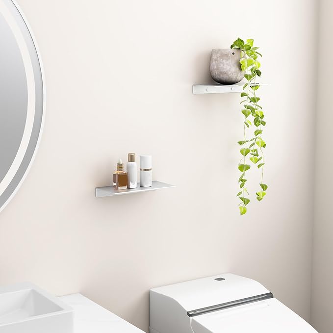 Danpoo 8 inch Small Floating Shelves for Wall Organizer & Storage, Mini Display Shelves, Metal Wall Shelves for Bathroom, Living Room, Kitchen, Bedroom(Silver, 2-Pack)