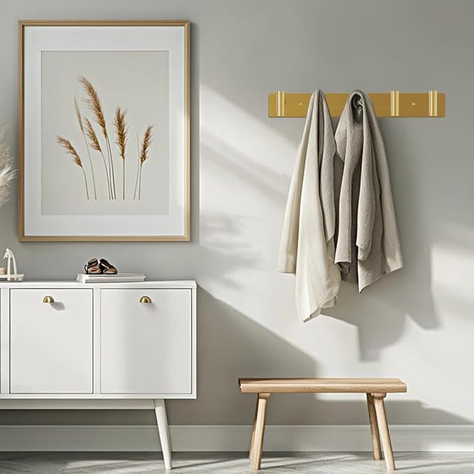 Bntuk Coat Rack Wall Mount - 5 Hat and Coat Hooks, Heavy Duty Towel Racks for Bathroom Entryway, Wall Hooks for Hanging Robes Bags, Hat Rack Key Hanger Organizer (Gold)