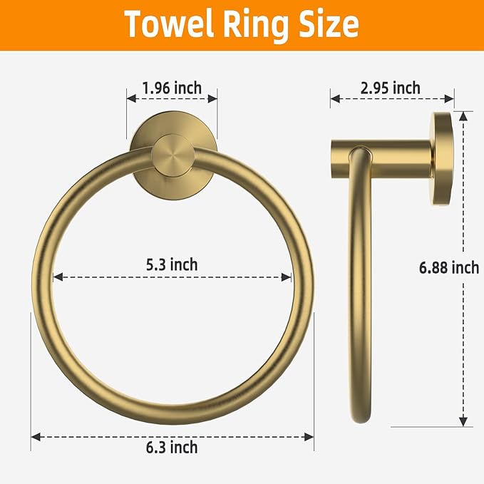 Towel Ring 2Pack, SUS304 Stainless Steel Hand Towel Holder for Bathroom Kitchen, Modern Style Towel Hanger, Thicken Ring Towel Holder, Towel Rack Round Wall Mounted (2, Brushed Gold)