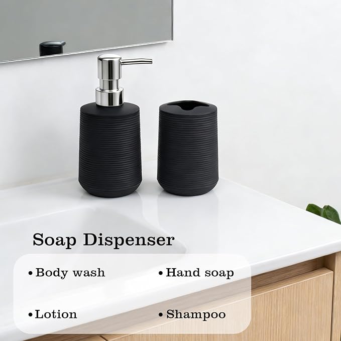 Bathroom Accessories Set, Bathroom Soap Dispenser & Toothbrush Holder Set, 2 Piece High Capacity Organizer in Black, Minimalist Boho Style for Clutter Free Bathroom