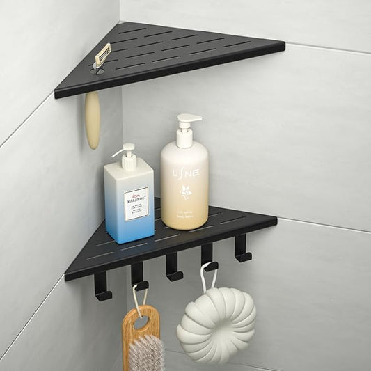 10'' Corner Shower Shelf, 304 Stainless Steel Shelves for Bathroom, Grout in Shelf with Hooks for Tiled Wall (Matte Black)