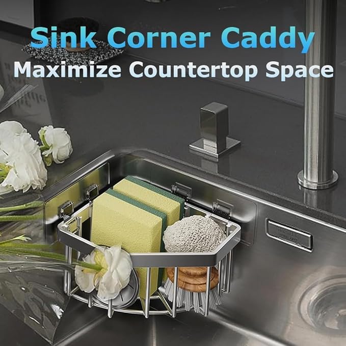 Sponge Holder Corner Sink Caddy Sink Organizer for Kitchen Bathroom Stainless Steel Triangle Soap Holder with 2 Pcs Adhesive Hook(L)