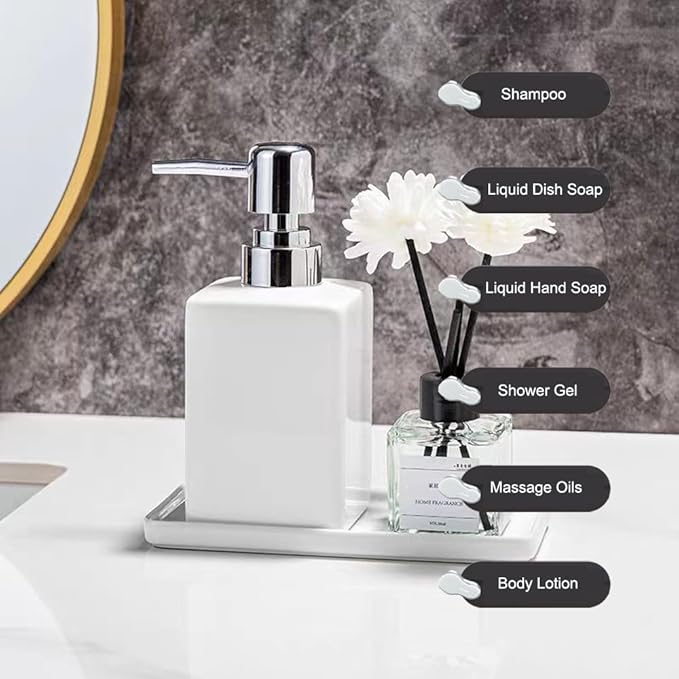 White Bathroom Accessories Set 2Pcs,Ceramic Soap Dispenser and Toothbrush Holder,Modern Decor Square Countertop Bath Set with Toothbrush Cup