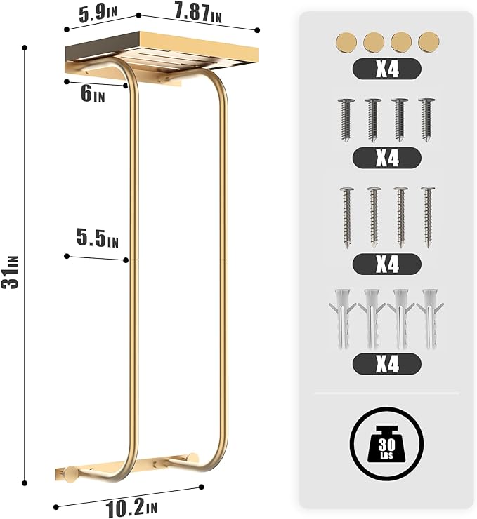 31" Towel Racks for Bathroom, Heavy-Duty Stainless Steel Holds 6 Large Rolled Towels,Wall Mounted Towel Holder with Shelf & Hooks,Extra-Wide Opening Wall Storage for Small Bathroom, Brushed Gold