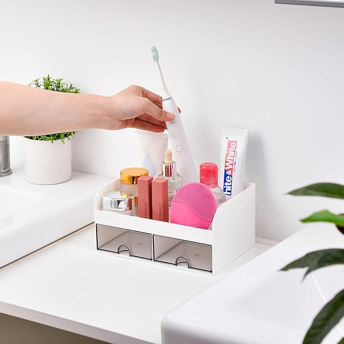VITVITI Toothbrush Holders for Bathroom Sink, 4 Slots Bathroom Countertop Organizer with 2 Drawers, Plastic Kids Toothpaste Holder Bathrooms Counter Organizer for Vanity, White