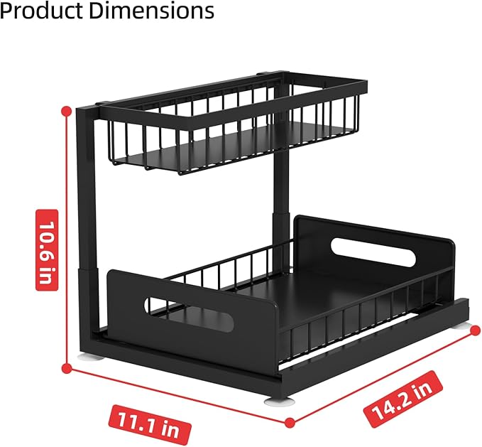 2-Tier Under Sink Slide Out Organizer, 2 Pack Pull Out Cabinet Storage Shelf with Sliding Wire Basket Drawer for Bathroom Kitchen, Countertop or Pantry Shelf, Black