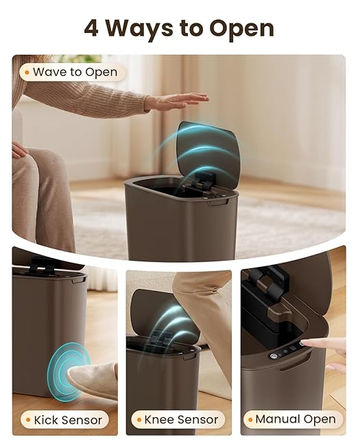 Cesun Bathroom Trash Can with Lid, 5 Gallon Motion Sensor Trash Can, Small Automatic Garbage Can, Touchless Smart Plastic Slim Wastebasket for Bedroom, Office, rv, Living Room, Brown
