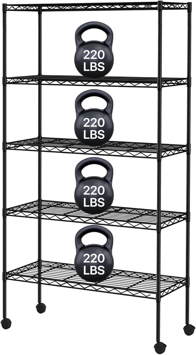 5-Tier Heavy Duty Storage Shelving Unit, Metal Shelves for Garage, Pantry, Kitchen Organization – Adjustable Wire Rack Shelf Organizer, 60"x30"x14", 1250lbs, Black