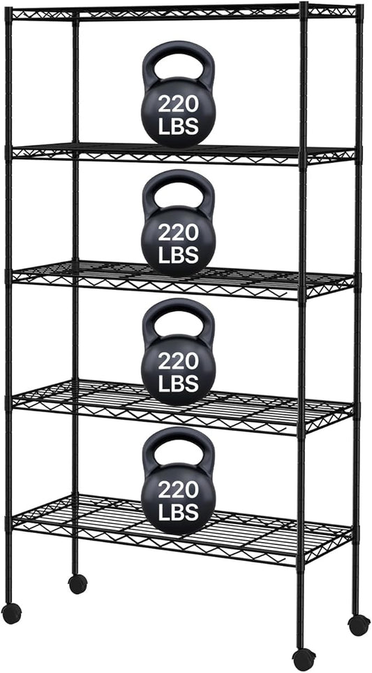 5-Tier Heavy Duty Storage Shelving Unit, Metal Shelves for Garage, Pantry, Kitchen Organization – Adjustable Wire Rack Shelf Organizer, 60"x30"x14", 1250lbs, Black