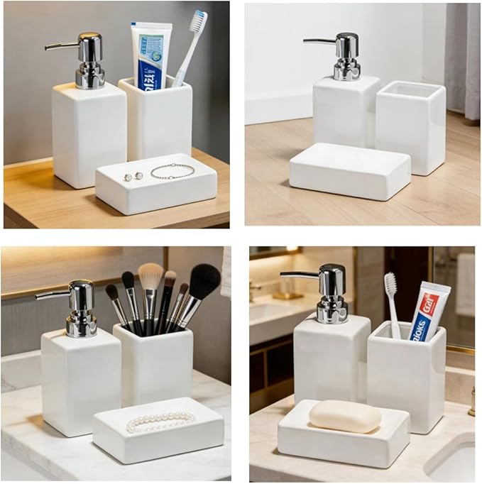 White Bathroom Accessory Set 3 Pcs,Ceramic Soap Dispenser and Toothbrush Toothpaste Holder Cup Soap Dish,Modern Countertop Bath Decor Set for Stylish Bathroom Organization