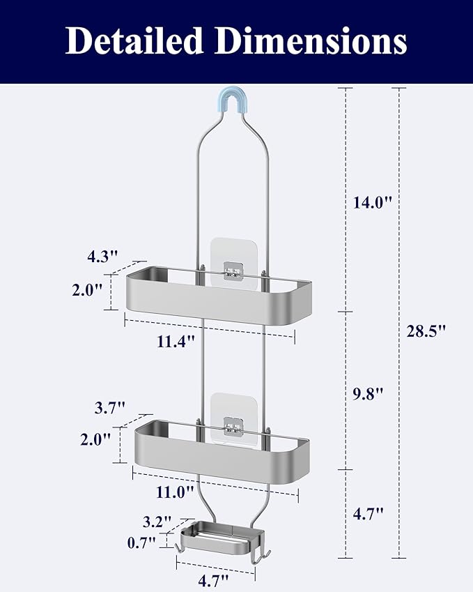 Kitsure Shower Caddy Hanging - No-Drill Bathroom Organizers and Storage, Wobble-Free Bathroom Shelves with Adhesive Tapes, Rust-Proof Shower Storage for Toiletries, Silver, 28.5" H