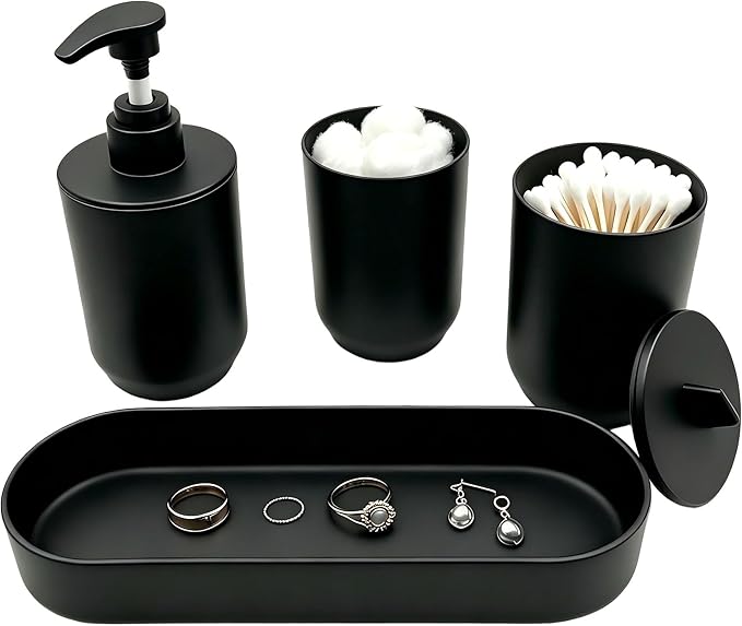 4-Piece Bathroom Accessories Set, Matte Black Plastic Countertop Organizer with Lotion Soap Dispenser, Tumbler, Cotton Swab Cup & Vanity Tray – Modern Bathroom Decor for Home