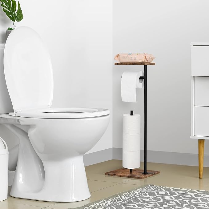 Toilet Paper Holder Stand with Shelf Toilet Paper Roll Holder with Reserve Free Standing TP Holder Rustic Toilet Paper Stand with Shelf for Bathroom Holds Wipe, Mobile Phone, Mega Rolls, Rustic Brown