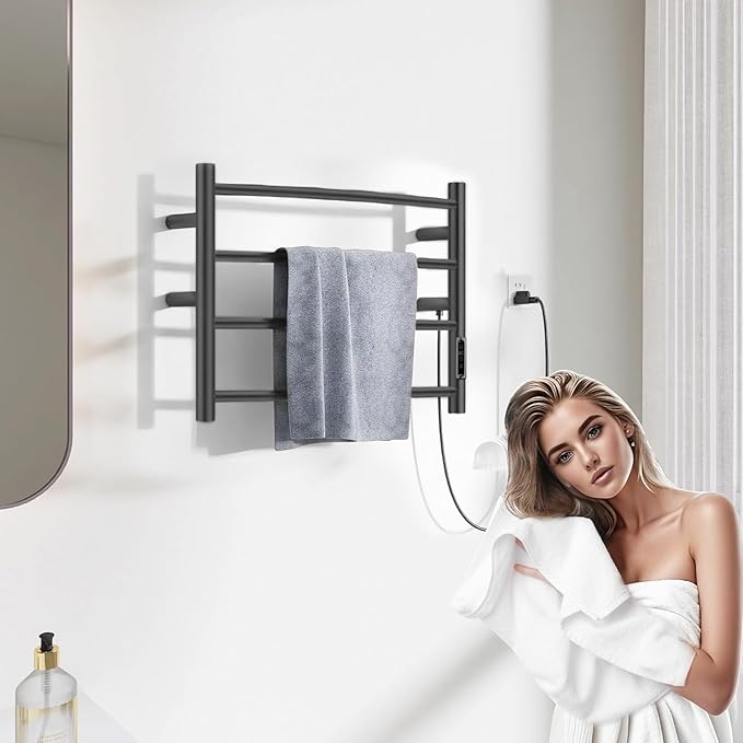 Heated Towel Racks for Bathroom, Wall Mounted Electric Towel Warmer Racks with Timer & Temperature Control, 4 Bar Stainless Steel Towel Heater for Bathroom,Plug-in,Black