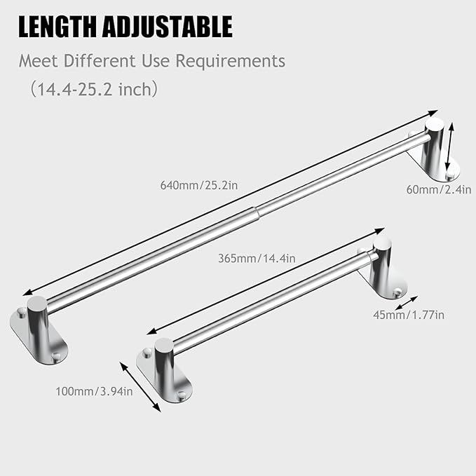 Towel Bar, Adjustable 14.4inch - 25.2inch Towel Rack, Self Adhesive & Wall Mounted for Bathroom Kitchen Hand Towel Holder Cloths Hanger SUS 304 Stainless Steel Single Bar (3, Chrome)