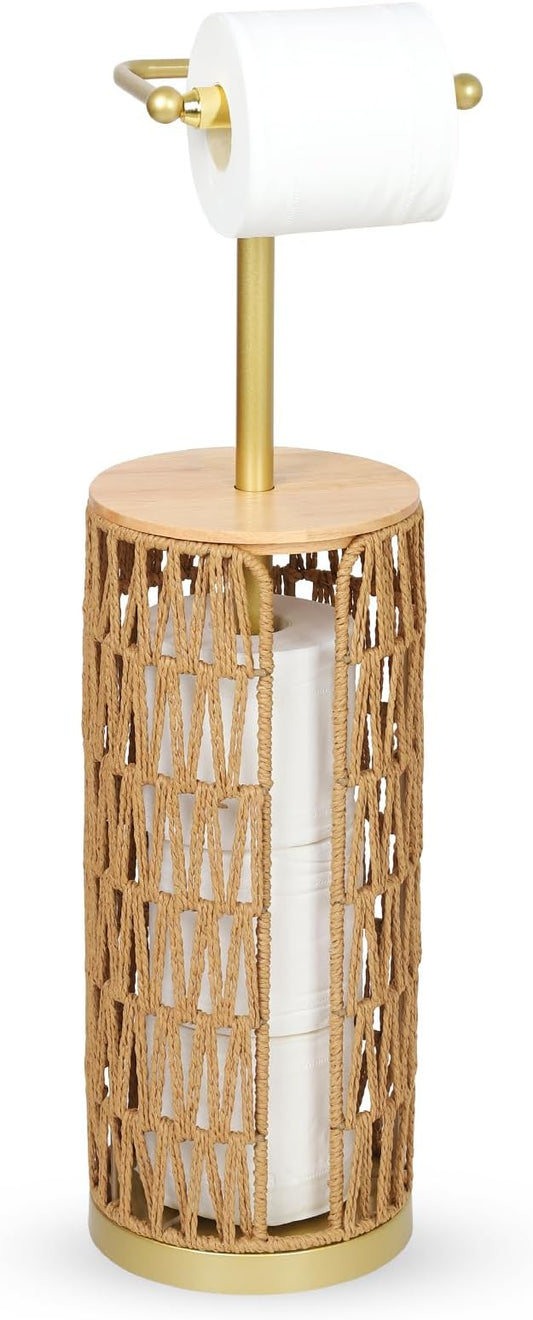 Trongee Freestanding Toilet Paper Holder with Storage,3 Rolls of Boho Toilet Paper Holder Stand with Lid,Gold Toilet Tissue Holder Stand Rattan Paper Storage Wicker Toilet Roll Holder Basket