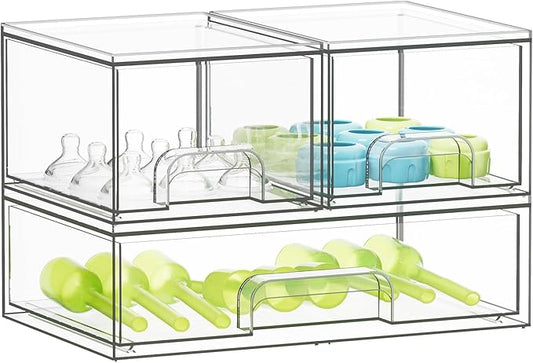 SpaceAid Bottle Storage Organizer Baby - Acrylic Bottles Station Organizer Container, Stackable Clear Drawers for Countertop, Vanity, Bathroom, Cabinet, Pantry Organization, 3 Pack, 2S1L, 7.8"H