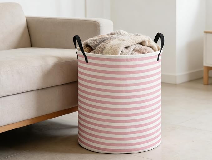 ESSME Kids Laundry Basket,Pink Hamper Collapsible Canvas Waterproof Storage Bin for Girls, Cute Hamper,Gift Baskets(Pink stripes)