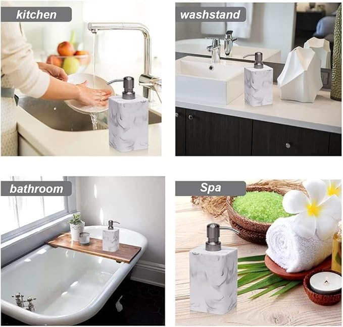 2Pcs/Set Resin Marble Style Soap Dispenser Sets -15oz Luxury Bathroom & Kitchen Dispenser with No-Leak Pump, Refillable for Soap/Lotion, Dish Hand Wash Shower Lotion Shampoo (White)